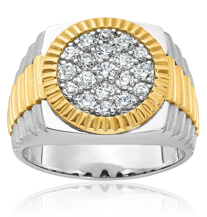 14K Solid Two Tone Gold Mens Ribbed 1 Diamond Round Statement Ring