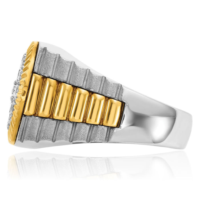 14K Solid Two Tone Gold Mens Ribbed 1 Diamond Round Statement Ring