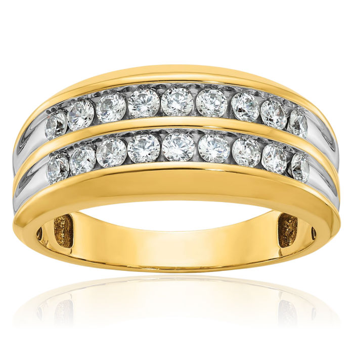 14K Solid Two Tone Yellow White Gold Mens Row Diamond Wedding Band Ring