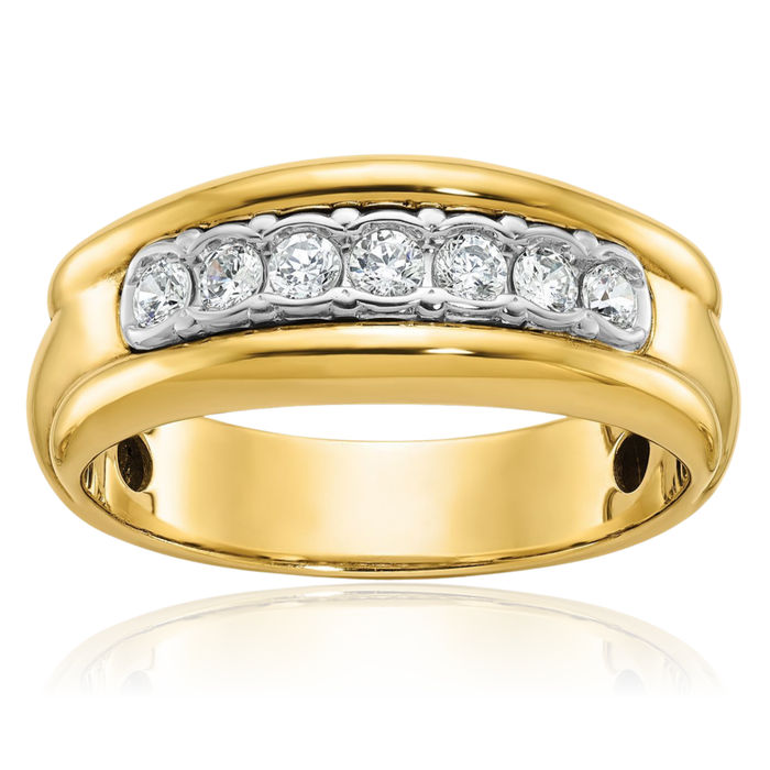 14K Solid Two Tone Gold Mens Set 7 Stone Diamond Wedding Band Statement Ring