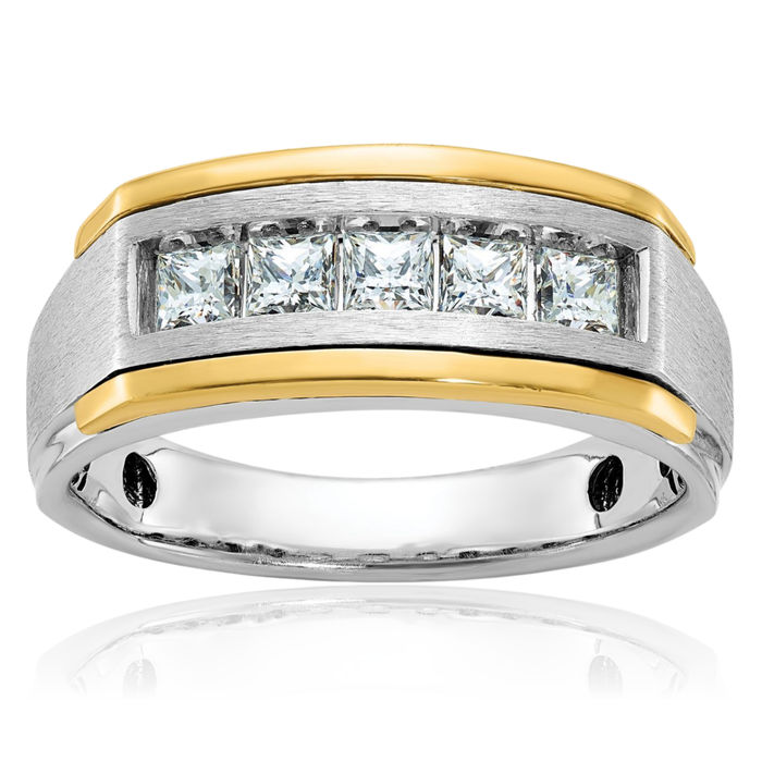 14K Solid Two Tone Gold Mens Square 5 Stone Diamond Wedding Band Statement Ring