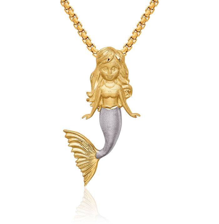 14K Solid Two Tone Yellow White Gold Mermaid Floating Chain Slide Pendant Necklace Charm