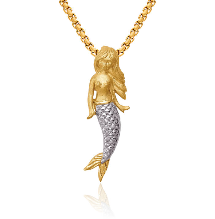 14K Solid Two Tone Yellow White Gold Mermaid Slide Necklace Chain Pendant Charm