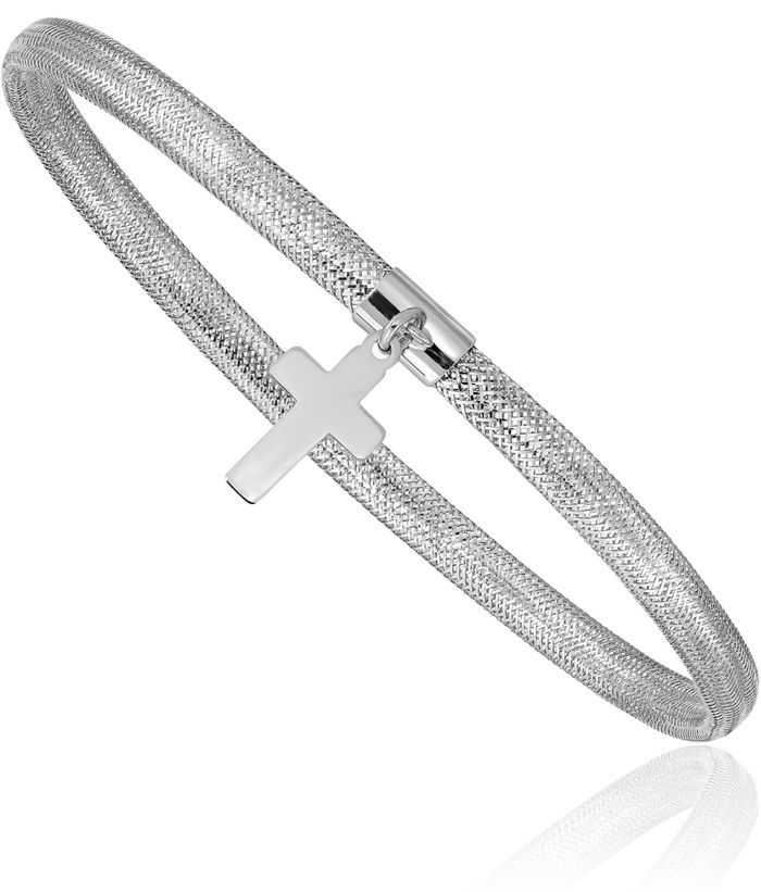 14K Solid Two Tone Yellow White Gold Mesh Cross Dangling Stretch Wrap Bracelet