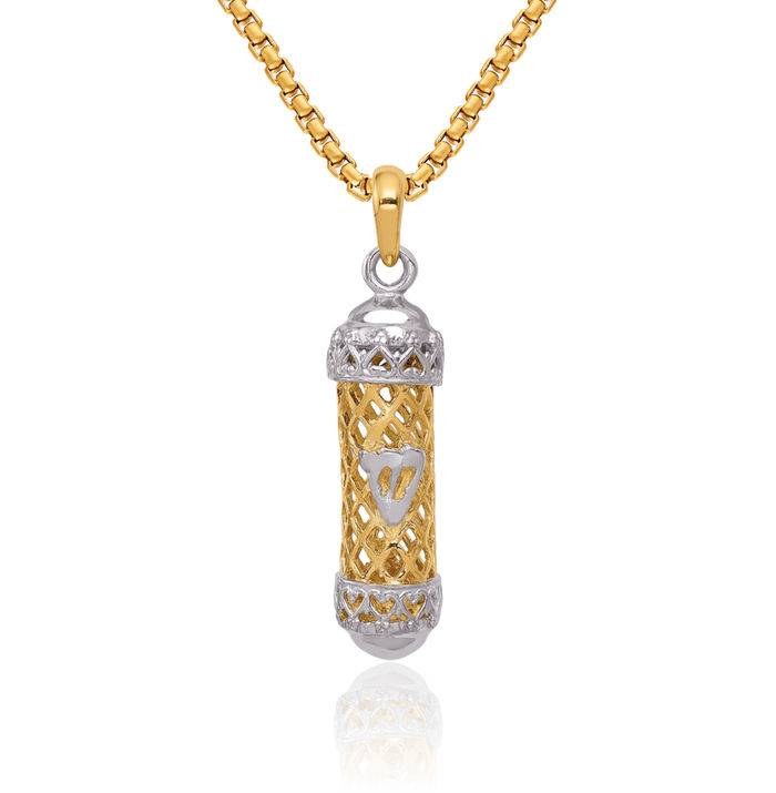 14K Solid Two Tone Gold Mezuzah Scroll Prayer Jewish Shin Letter Necklace Judaica Religious Chain Pendant Israel Charm