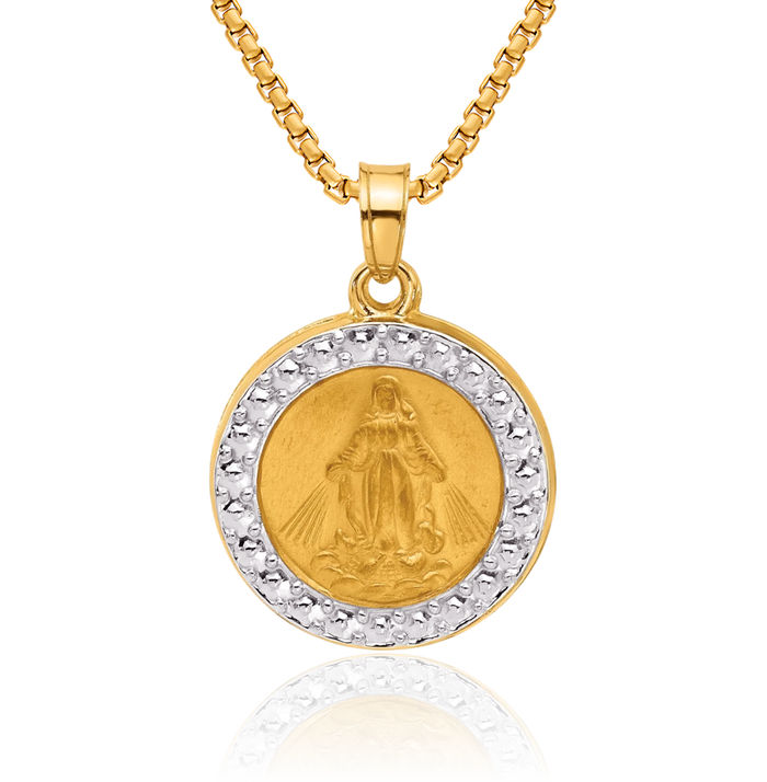 14K Solid Two Tone Yellow White Gold Miraculous Blessed Mother Mary Back Medal Necklace Chain Pendant Charm