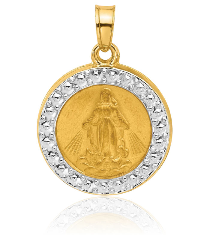 14K Solid Two Tone Yellow White Gold Miraculous Blessed Mother Mary Back Medal Necklace Chain Pendant Charm