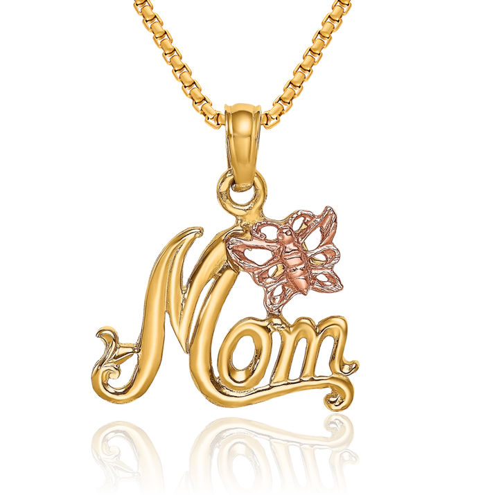 14K Solid Two Tone Gold Mom Butterfly Wings Necklace Mama Charm Mother Pendant
