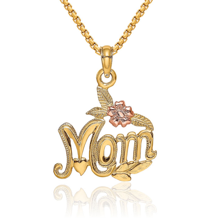 14K Solid Two Tone Gold Mom Flower Necklace Mama Charm Mother Pendant