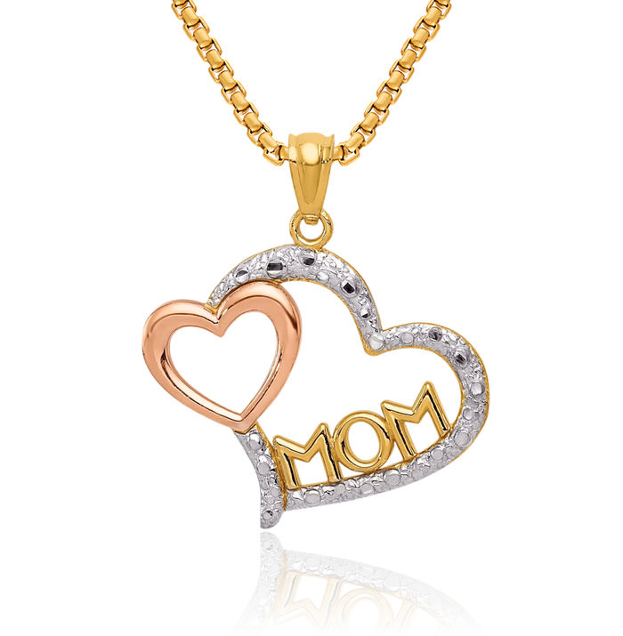 14K Solid Two Tone Gold White Mom Heart Necklace Mama Charm Mother Pendant