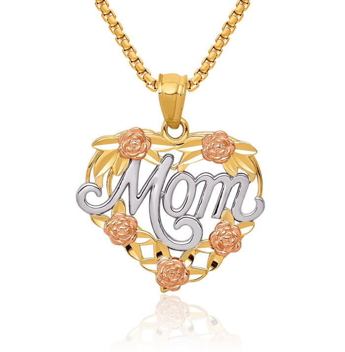 14K Solid Two Tone Gold White Mom Heart Necklace Mama Charm Mother Pendant