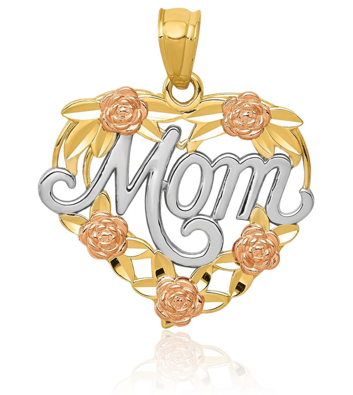 14K Solid Two Tone Gold White Mom Heart Necklace Mama Charm Mother Pendant