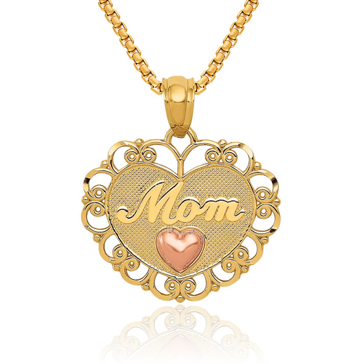 14K Solid Two Tone Gold Mom Heart Necklace Mama Charm Mother Pendant