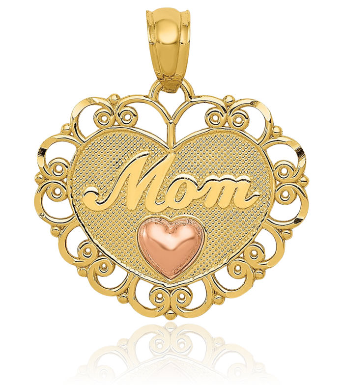 14K Solid Two Tone Gold Mom Heart Necklace Mama Charm Mother Pendant