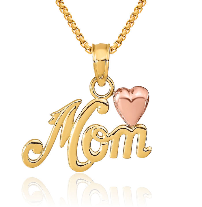 14K Solid Two Tone Gold Mom Heart Necklace Mama Charm Mother Pendant