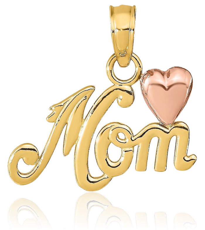 14K Solid Two Tone Gold Mom Heart Necklace Mama Charm Mother Pendant