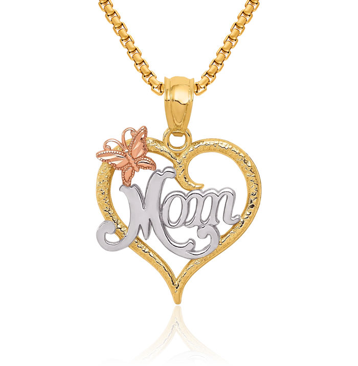 14K Solid Two Tone Gold White Mom Heart Necklace Mama Charm Mother Pendant