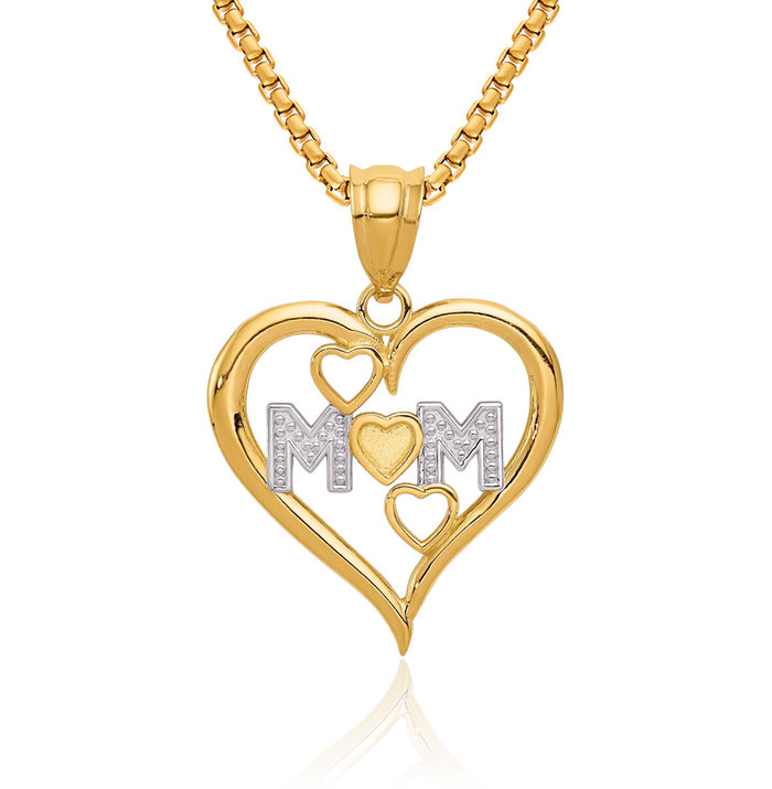 14K Solid Two Tone Yellow White Gold Mom Heart Necklace Mama Charm Mother Pendant