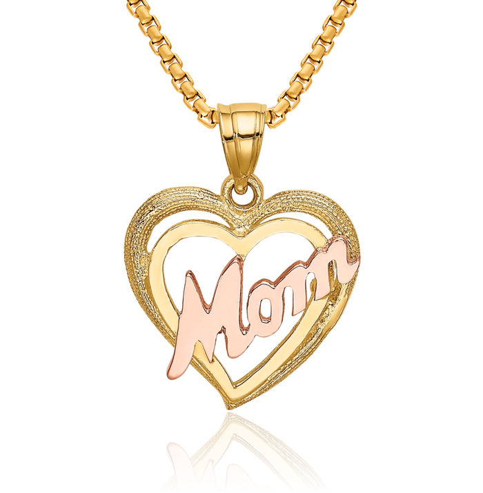 14K Solid Two Tone Gold Mom Heart Necklace Mama Charm Mother Pendant