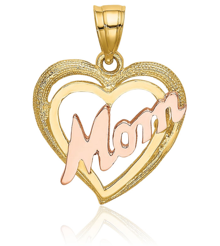 14K Solid Two Tone Gold Mom Heart Necklace Mama Charm Mother Pendant