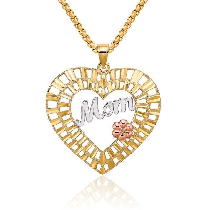 14K Solid Two Tone Gold White Mom Heart Necklace Mama Charm Mother Pendant