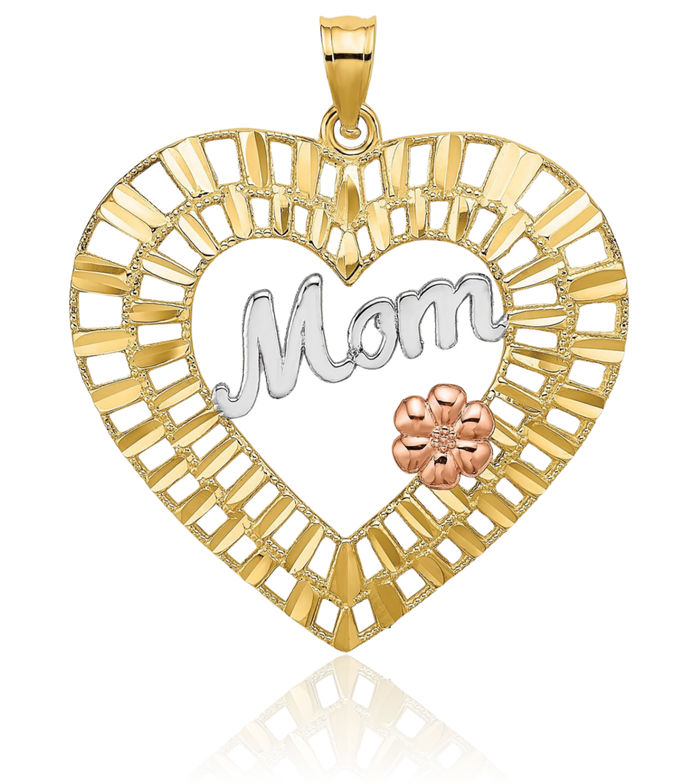 14K Solid Two Tone Gold White Mom Heart Necklace Mama Charm Mother Pendant