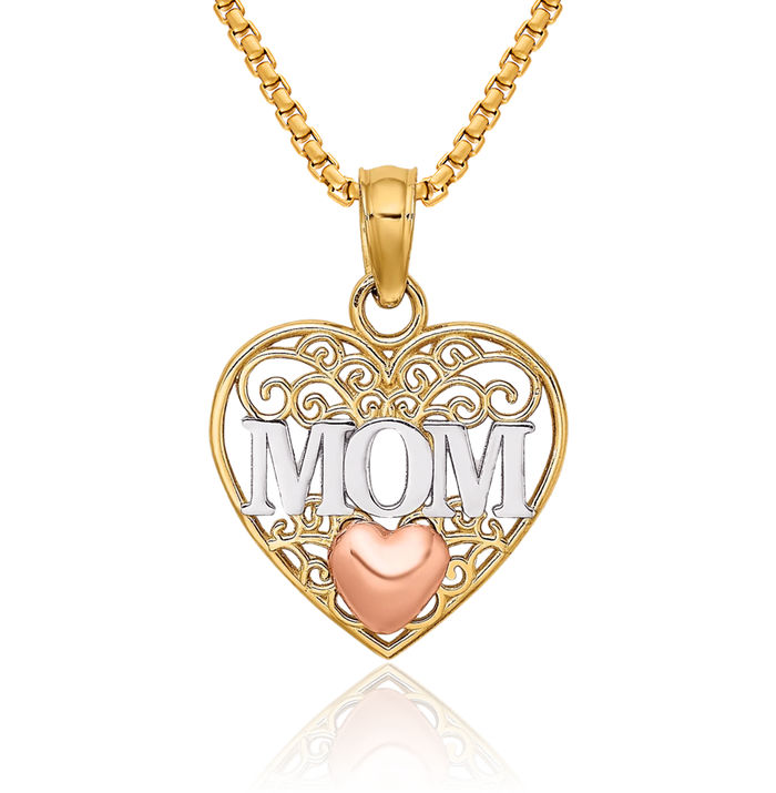 14K Solid Two Tone Gold White Mom Heart Necklace Mama Charm Mother Pendant