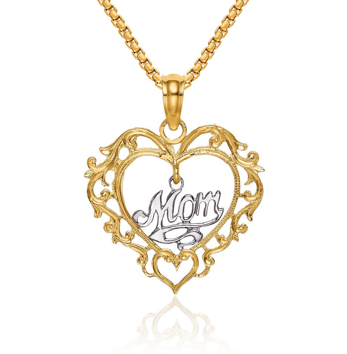 14K Solid Two Tone Gold Mom Heart Necklace Mama Charm Mother Pendant