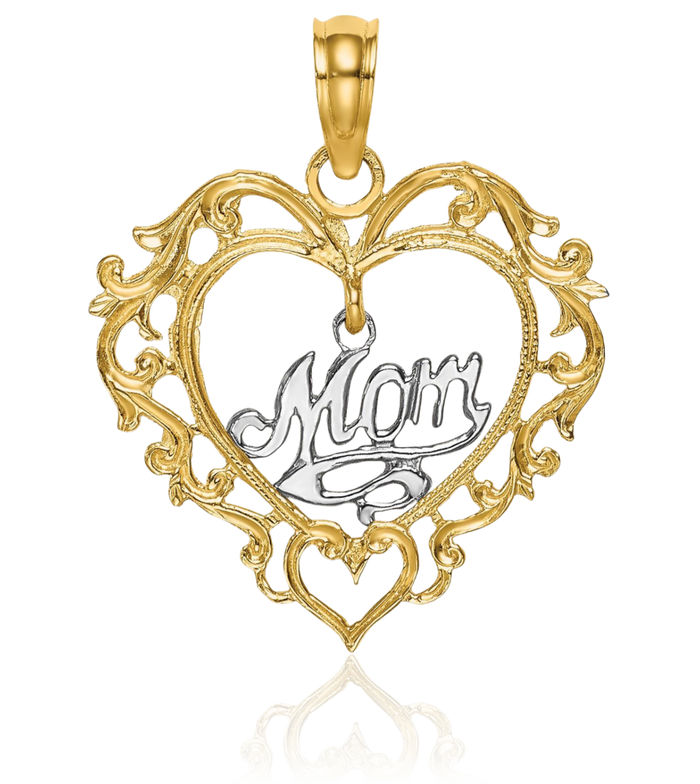 14K Solid Two Tone Gold Mom Heart Necklace Mama Charm Mother Pendant