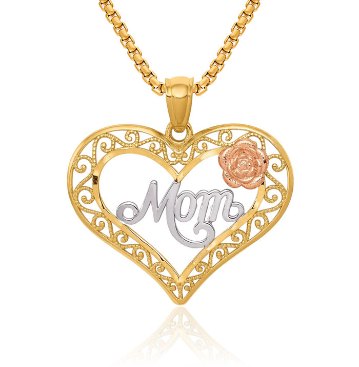 14K Solid Two Tone Gold White Mom Heart Rose Necklace Mama Charm Mother Pendant