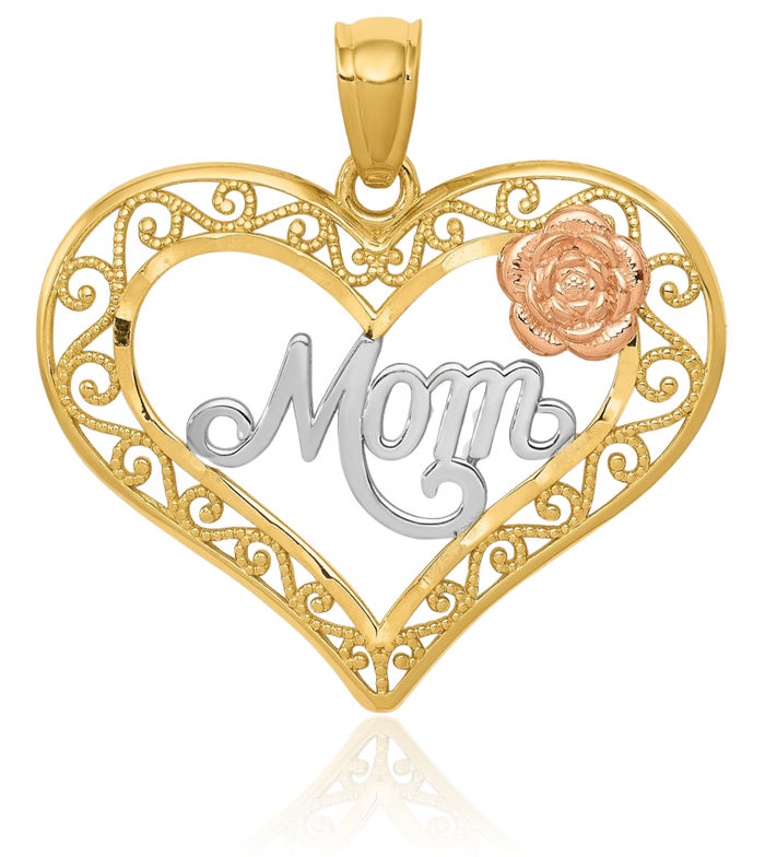 14K Solid Two Tone Gold White Mom Heart Rose Necklace Mama Charm Mother Pendant