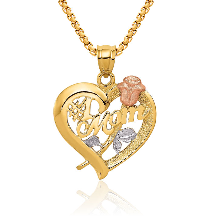 14K Solid Two Tone Gold Mom Necklace Mama Charm Mother Pendant