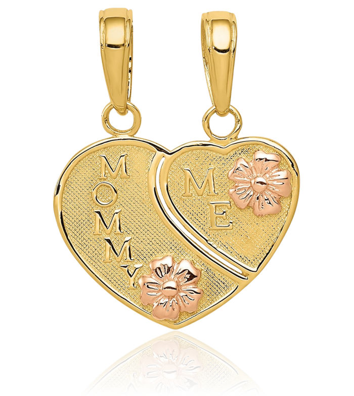 14K Solid Two Tone Gold Mommy Me Break-apart Heart Necklace Mama Charm Mother Pendant