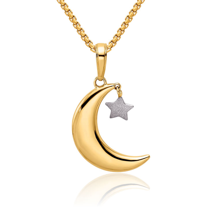 14K Solid Two Tone Yellow White Gold Crescent Moon Dangling Star Necklace Chain Pendant Charm Celestial Jewelry