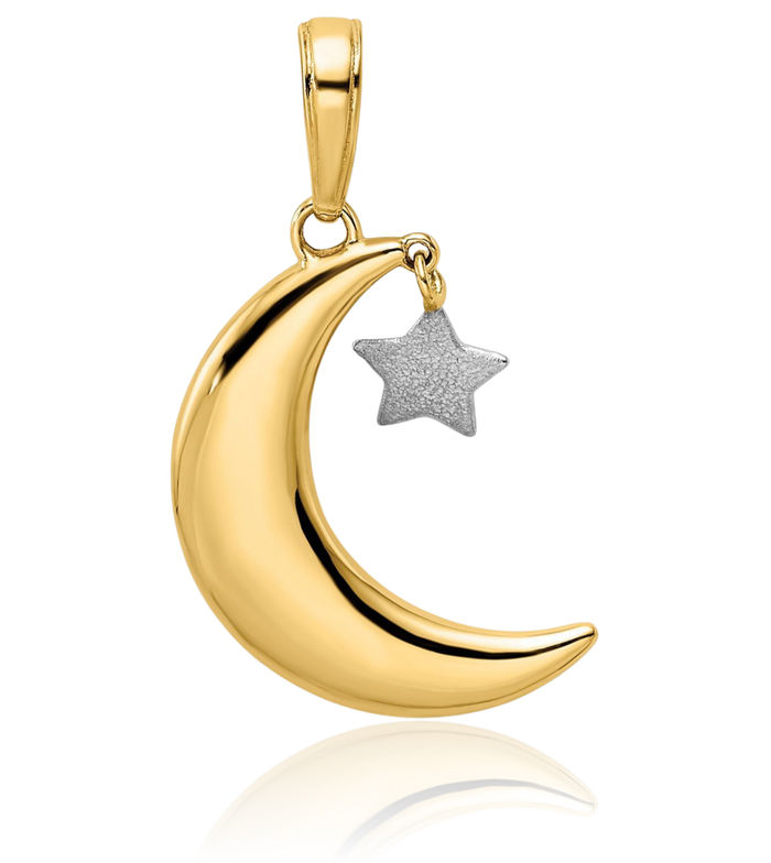 14K Solid Two Tone Yellow White Gold Crescent Moon Dangling Star Necklace Chain Pendant Charm Celestial Jewelry