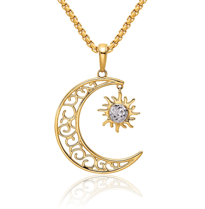 14K Solid Two Tone Yellow White Gold Crescent Moon Dangling Sun Necklace Sunshine Pendant Sunburst Charm Celestial Jewelry