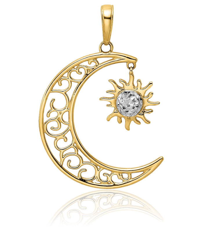 14K Solid Two Tone Yellow White Gold Crescent Moon Dangling Sun Necklace Sunshine Pendant Sunburst Charm Celestial Jewelry