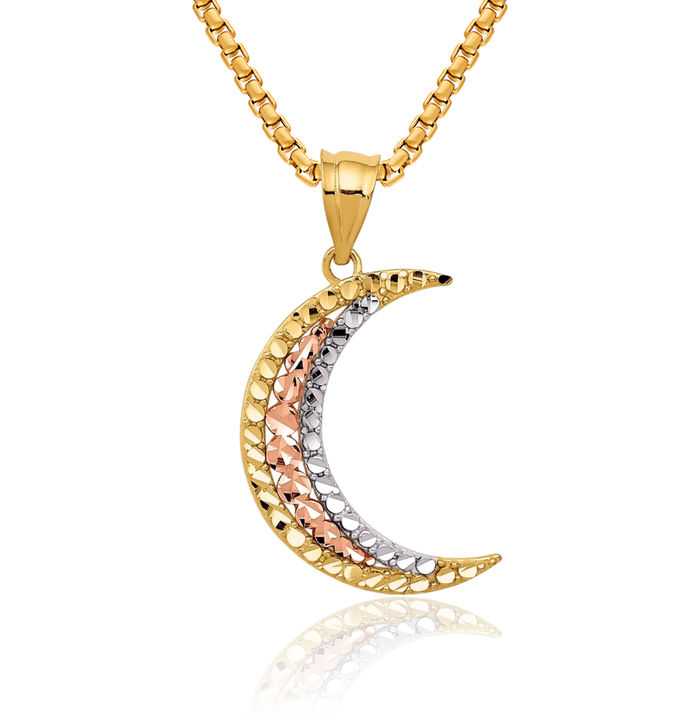 14K Solid Two Tone Gold White Crescent Moon Necklace Chain Pendant Charm Celestial Jewelry