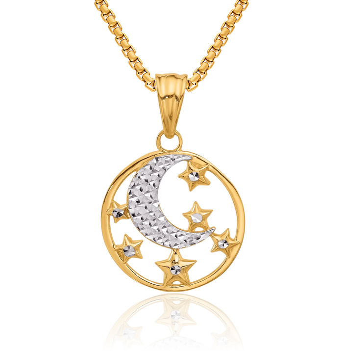 14K Solid Two Tone Yellow White Gold Crescent Moon Stars Necklace Chain Pendant Charm