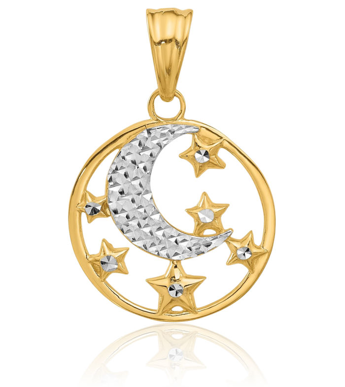 14K Solid Two Tone Yellow White Gold Crescent Moon Stars Necklace Chain Pendant Charm