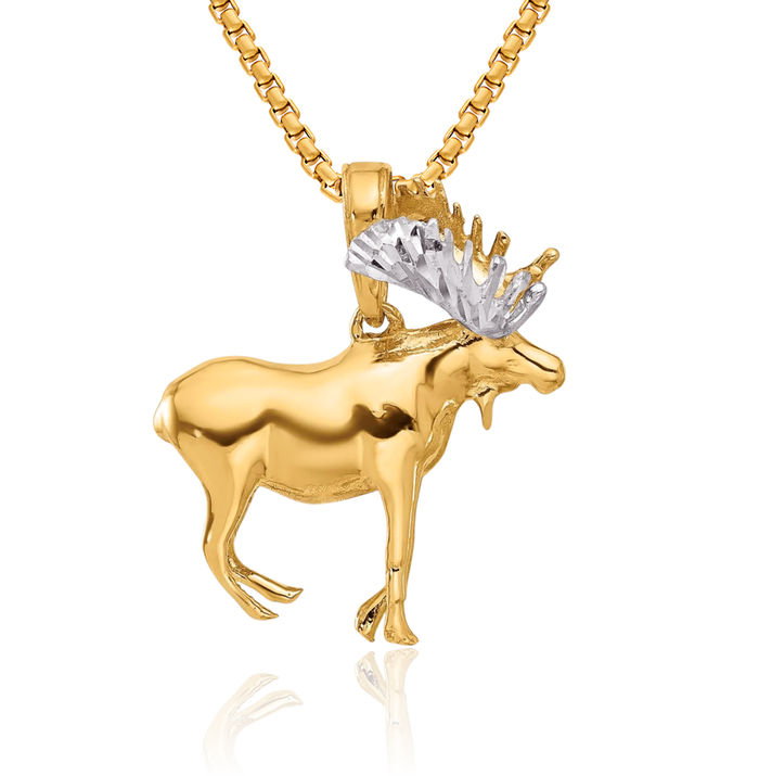 14K Solid Two Tone Yellow White Gold Moose Necklace Chain Pendant Charm