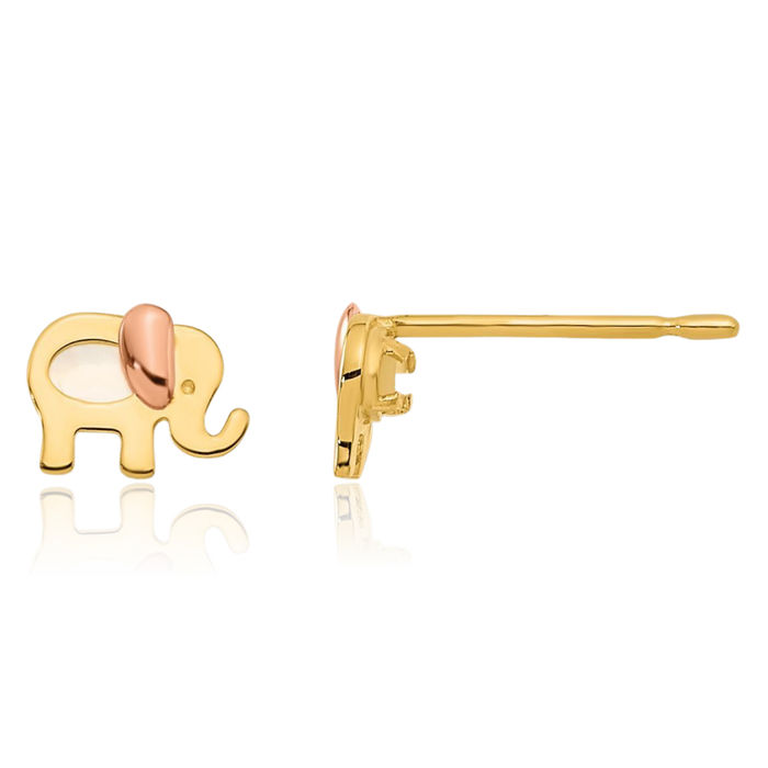 14K Solid Two Tone Gold Mother of Pearl Elephant Stud Earrings