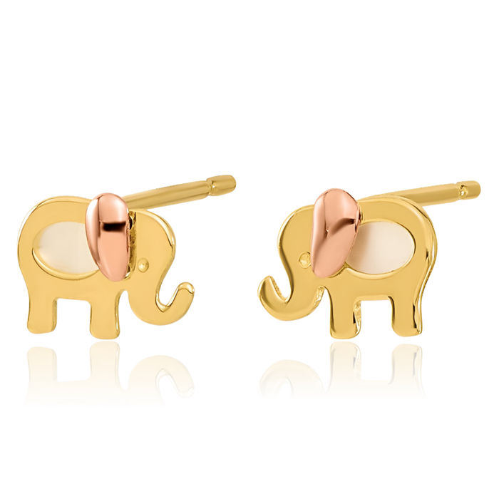 14K Solid Two Tone Gold Mother of Pearl Elephant Stud Earrings