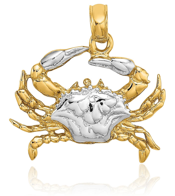 14K Solid Two Tone Yellow White Gold Necklace Chain Pendant Charm Blue Crab Claw
