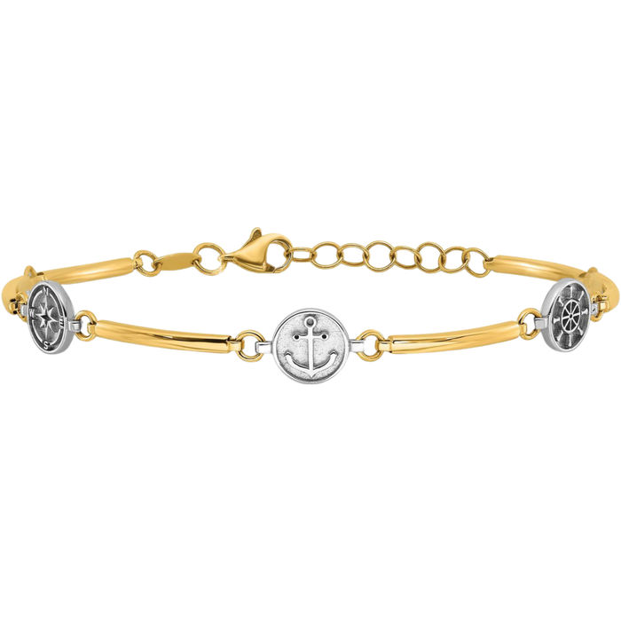 14K Solid Two Tone Gold North Star Compass Anchor Mariner Link Chain Nautical Charm Bracelet
