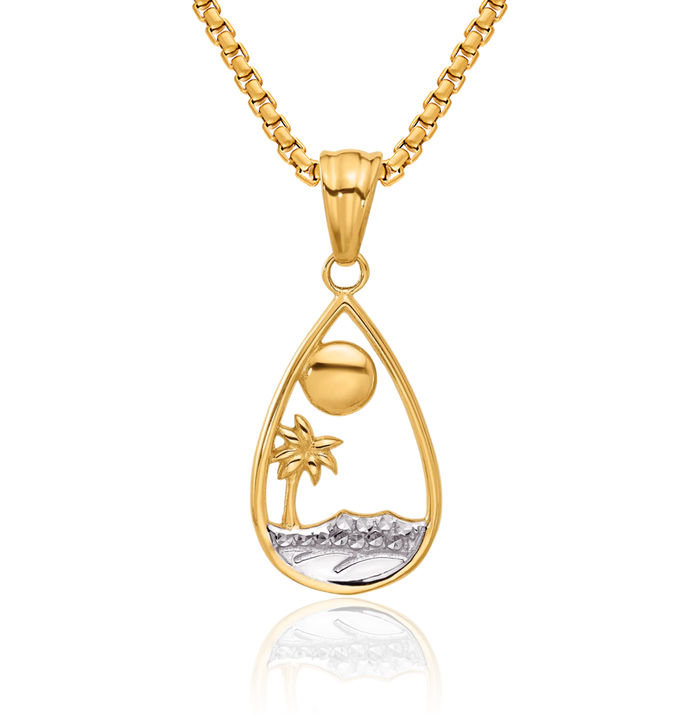 14K Solid Two Tone Yellow White Gold Ocean Scene Teardrop Necklace Pear Pendant Charm