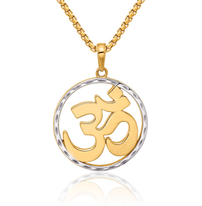 14K Solid Two Tone Yellow White Gold Om Symbol Circle Round Necklace Yoga Charm Aum Chain Pendant Ohm Buddha Spiritual Jewelry