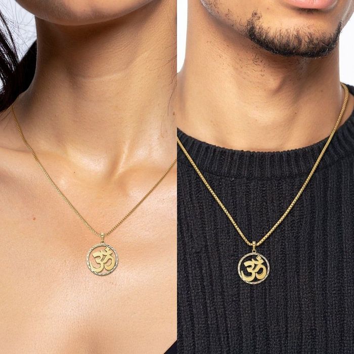 14K Solid Two Tone Yellow White Gold Om Symbol Circle Round Necklace Yoga Charm Aum Chain Pendant Ohm Buddha Spiritual Jewelry