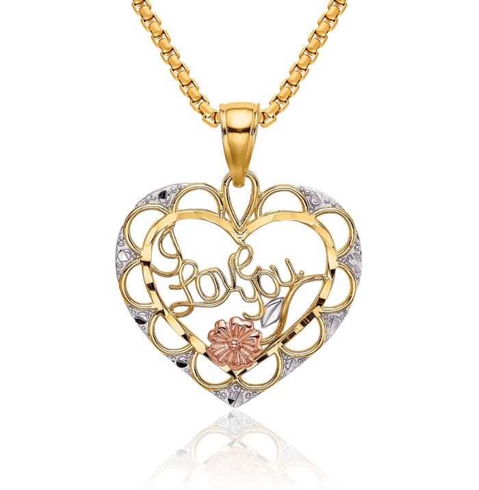 14K Solid Two Tone Gold One White I Love You Heart Flower Necklace Chain Pendant Charm