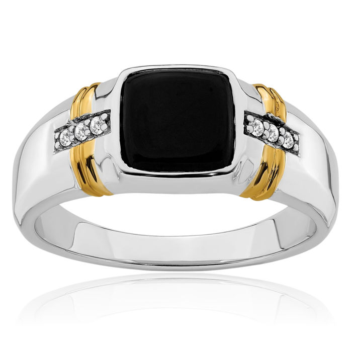 14K Solid Two Tone Gold Black Onyx Diamond Mens Ring Gemstone Band